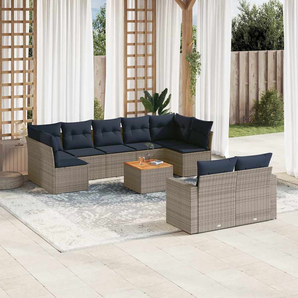 10 Pcs conjunto sofás p/ jardim c/ almofadões vime PE cinzento