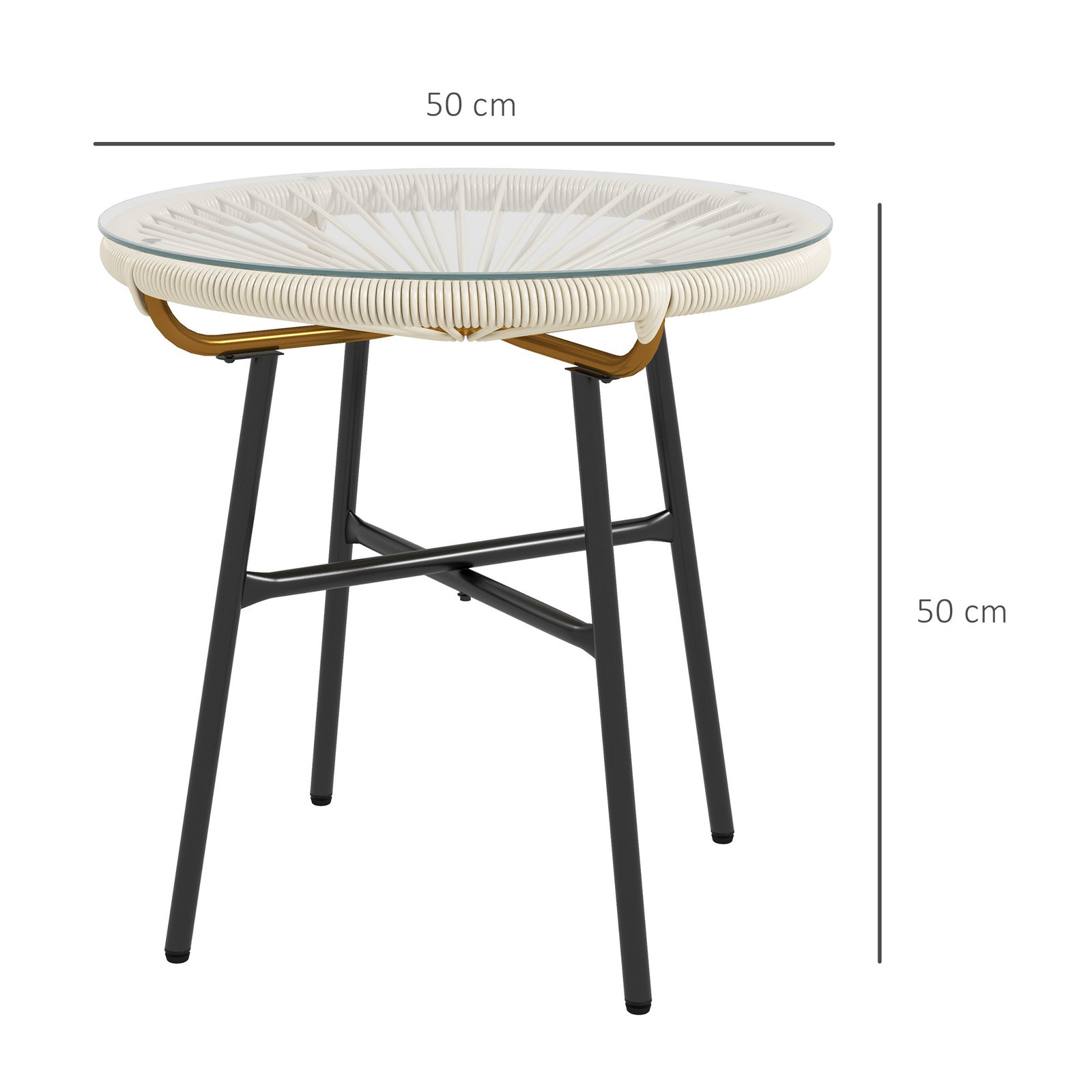 Mesa auxiliar de vime sintético para exteriores com bancada de vidro temperado e pés de metal ø50x50 cm creme e e preto
