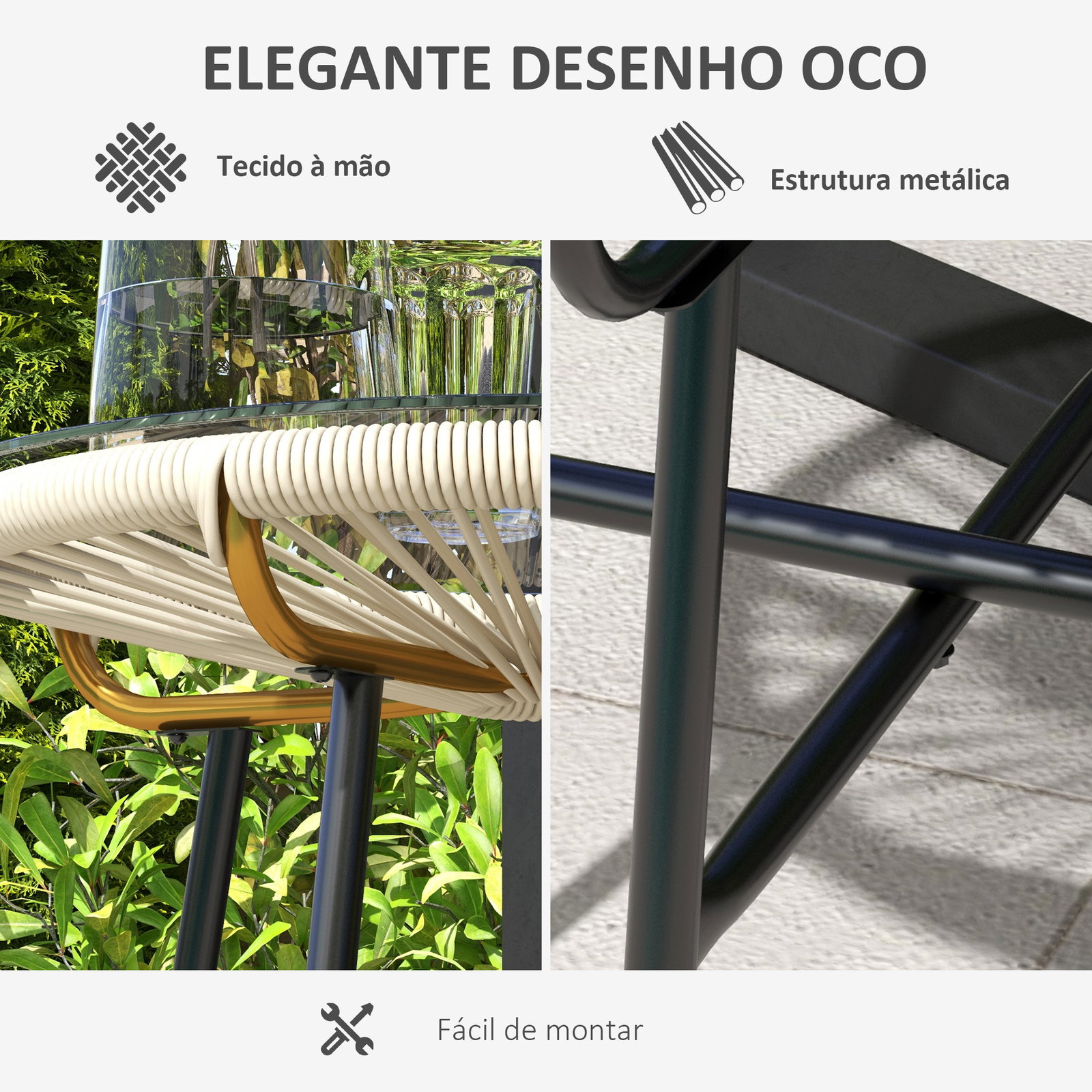 Mesa auxiliar de vime sintético para exteriores com bancada de vidro temperado e pés de metal ø50x50 cm creme e e preto