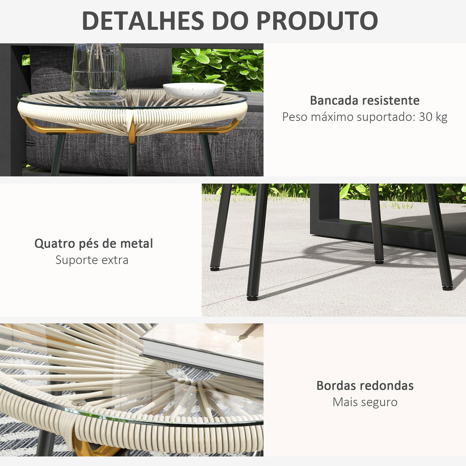 Mesa auxiliar de vime sintético para exteriores com bancada de vidro temperado e pés de metal ø50x50 cm creme e e preto