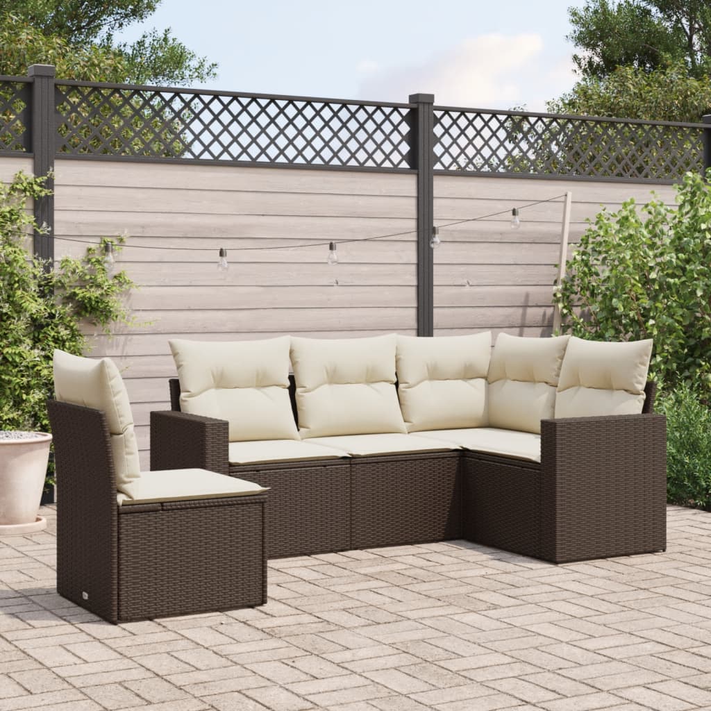 5 Pcs conjunto sofás p/ jardim c/ almofadões vime PE castanho