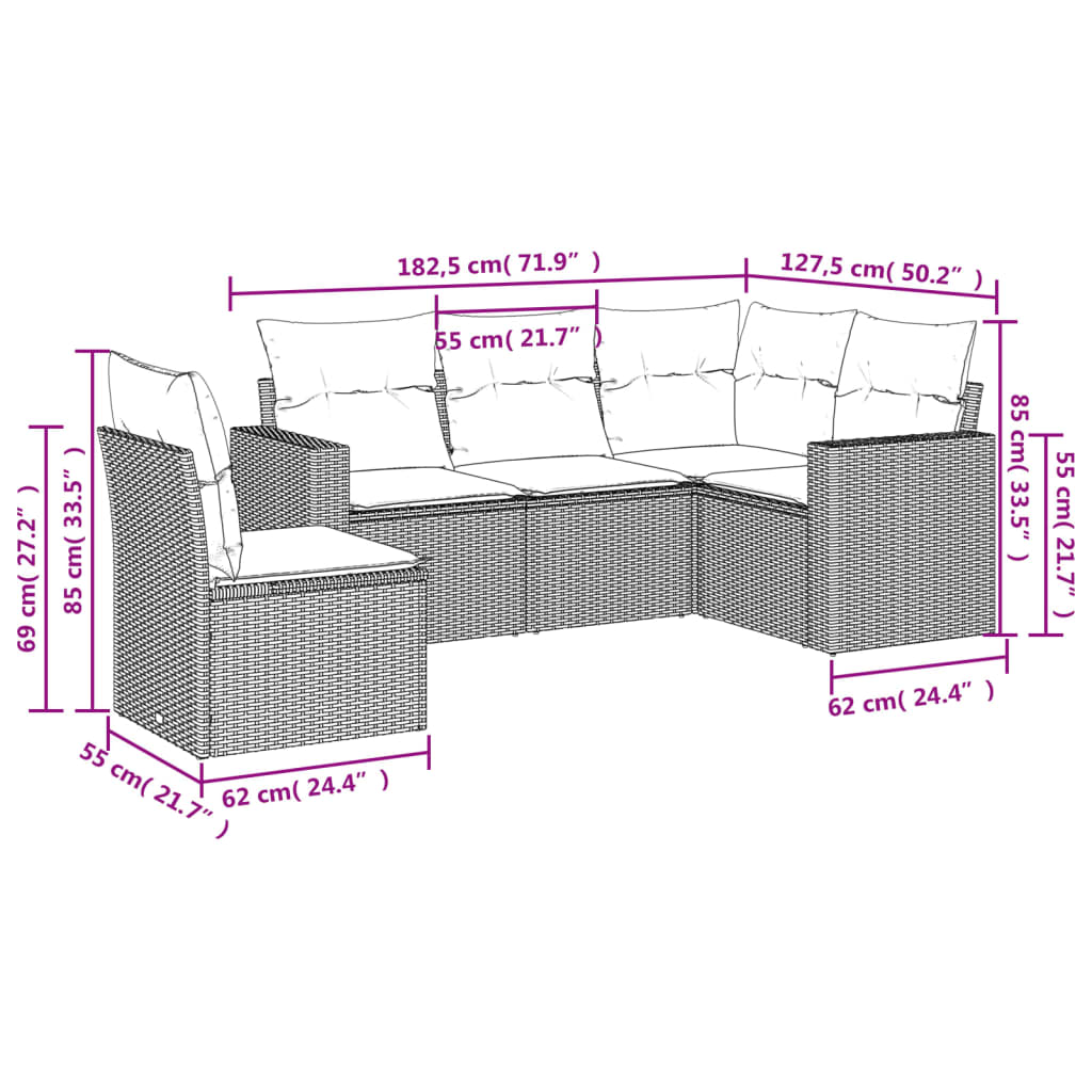5 Pcs conjunto sofás p/ jardim c/ almofadões vime PE castanho