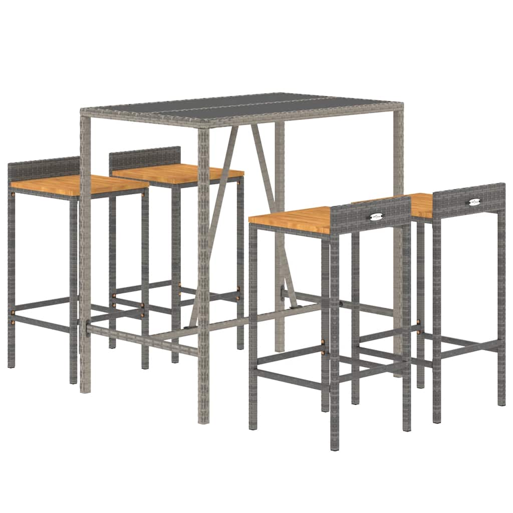 5 Pcs conjunto de bar p/ jardim vime PE/acácia maciça cinzento