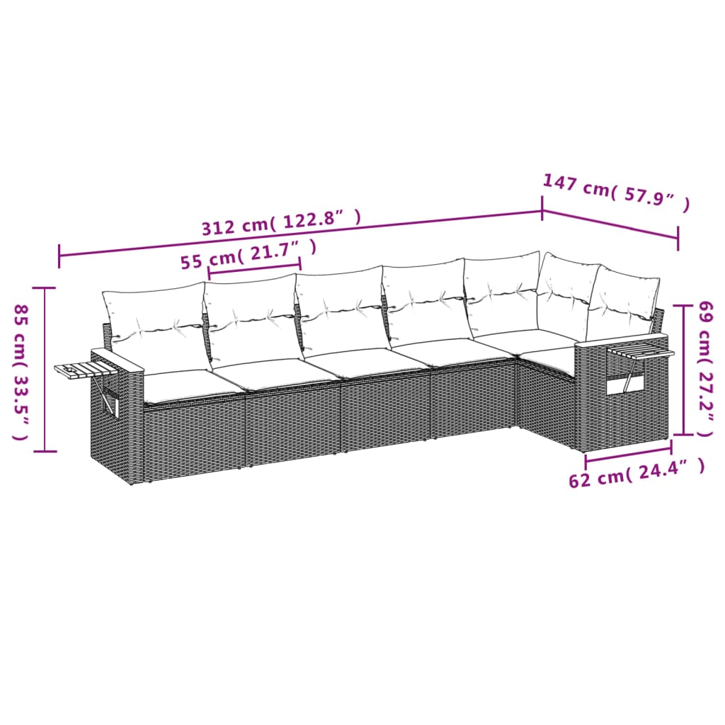 6 Pcs conjunto sofás de jardim c/ almofadões vime PE preto