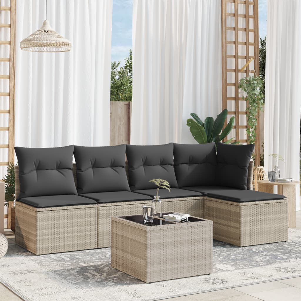 6 Pcs conj. sofás jardim com almofadões vime PE cinzento-claro