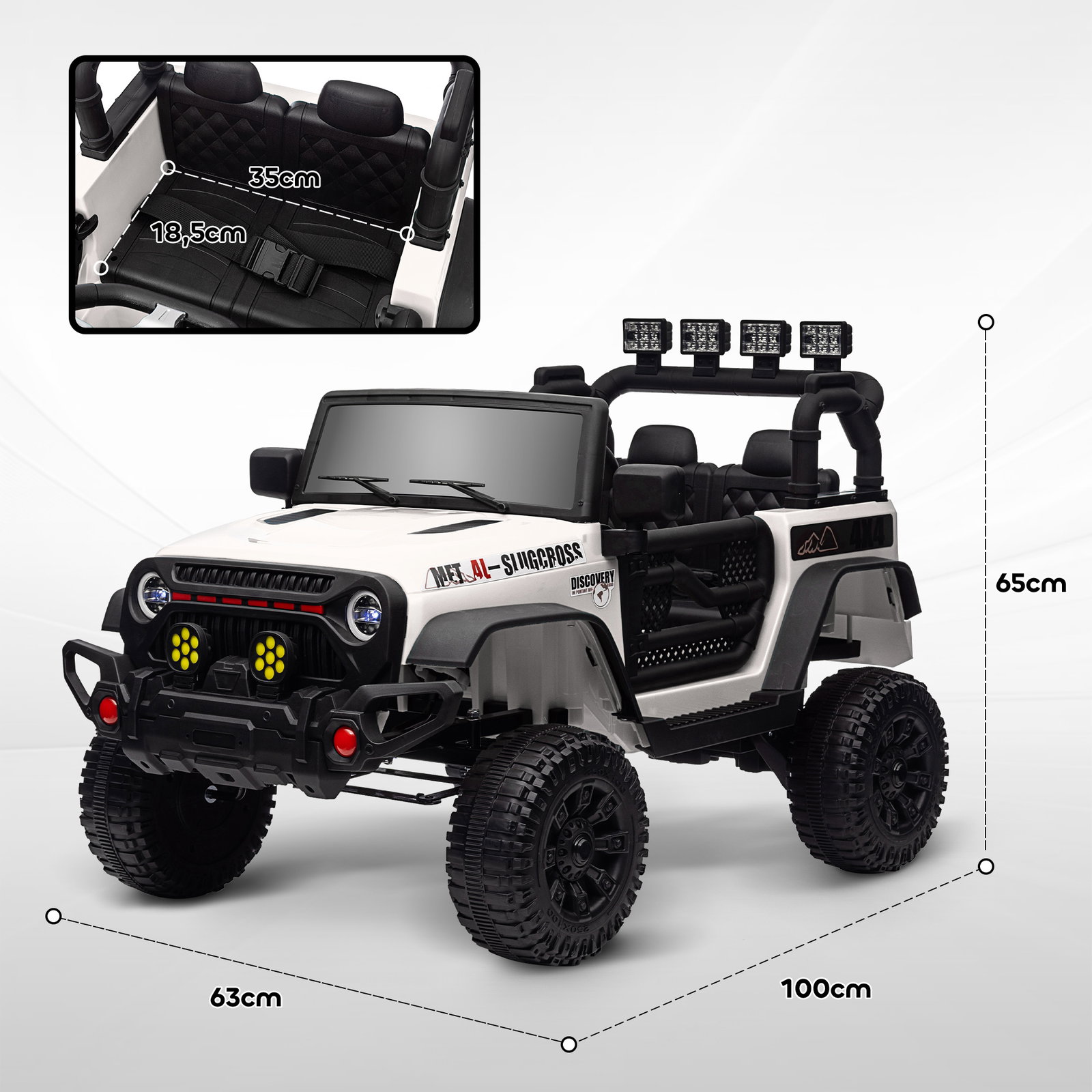 Carro elétrico para crianças com bateria de 12v controlo remoto faróis LED buzina e música 100x63x65 cm branco