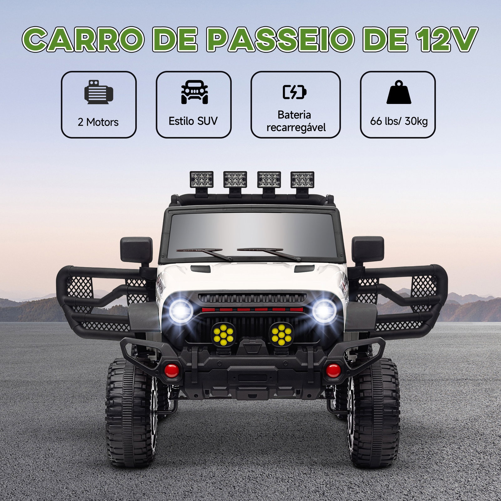 Carro elétrico para crianças com bateria de 12v controlo remoto faróis LED buzina e música 100x63x65 cm branco