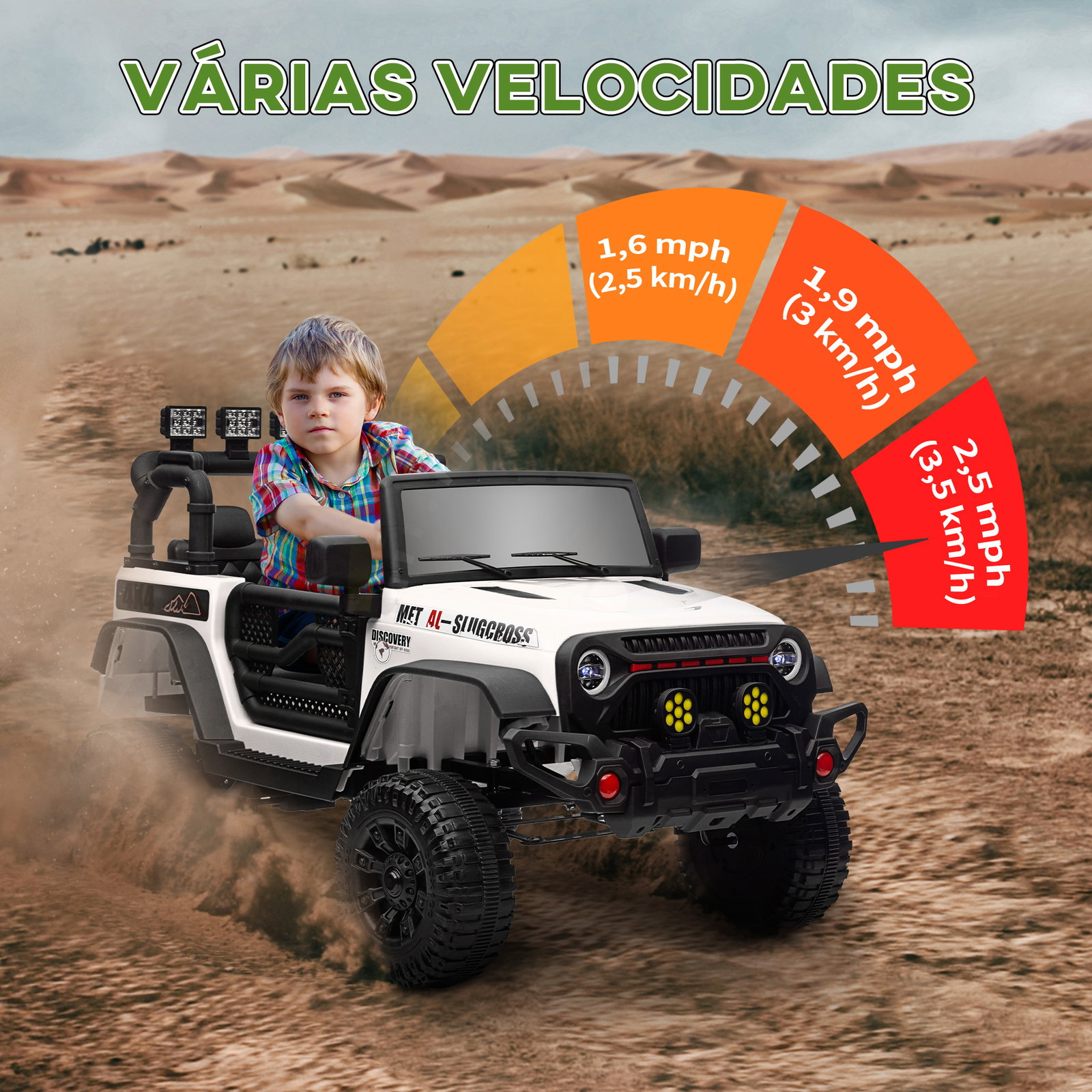 Carro elétrico para crianças com bateria de 12v controlo remoto faróis LED buzina e música 100x63x65 cm branco