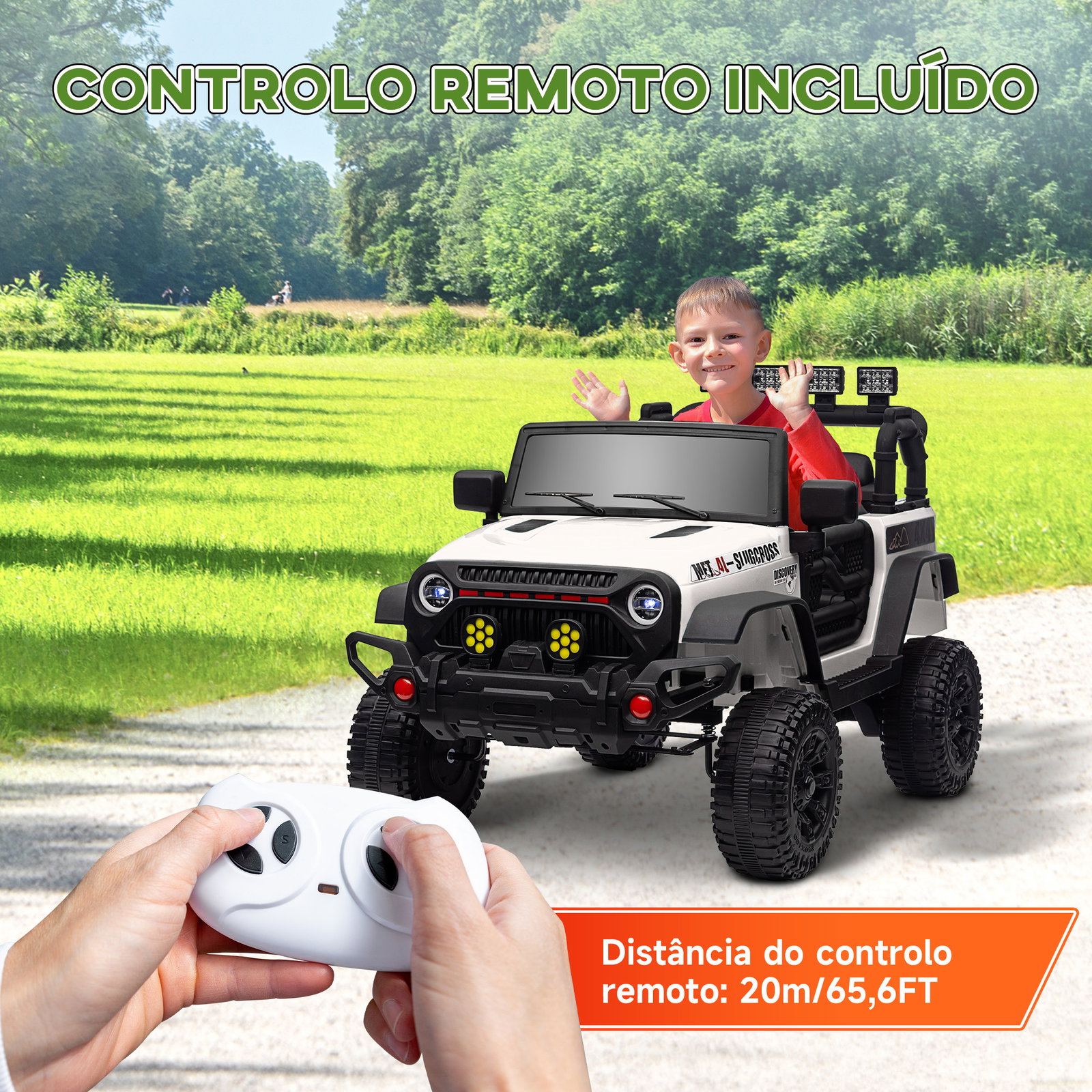 Carro elétrico para crianças com bateria de 12v controlo remoto faróis LED buzina e música 100x63x65 cm branco
