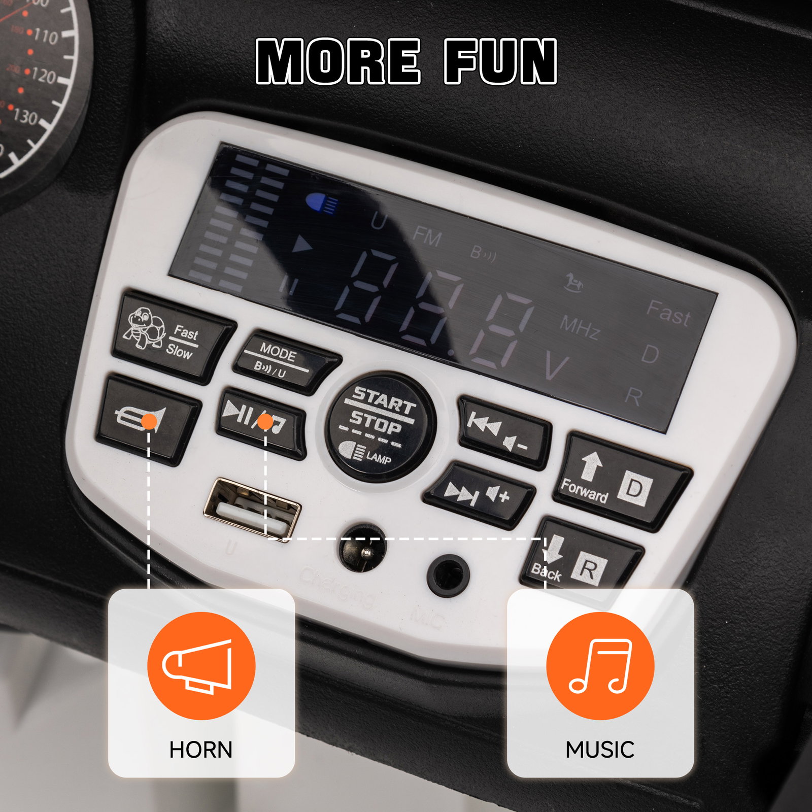 Carro elétrico para crianças com bateria de 12v controlo remoto faróis LED buzina e música 100x63x65 cm branco
