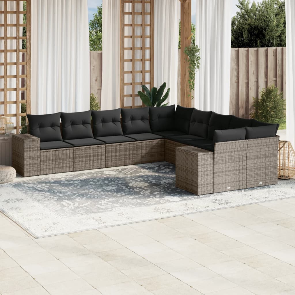 10 Pcs conjunto sofás de jardim c/ almofadões vime PE cinzento