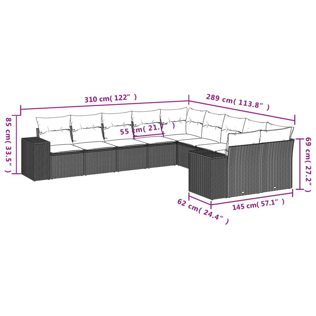 10 Pcs conjunto sofás de jardim c/ almofadões vime PE cinzento