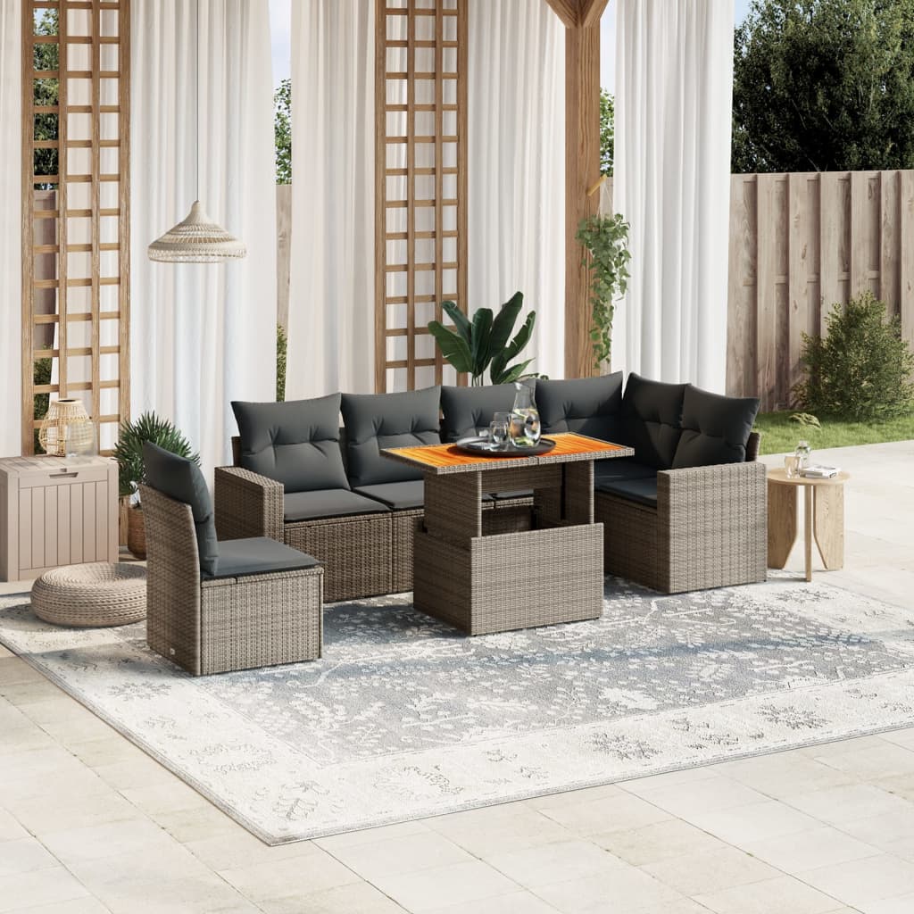 7 Pcs conjunto sofás p/ jardim c/ almofadões vime PE cinzento