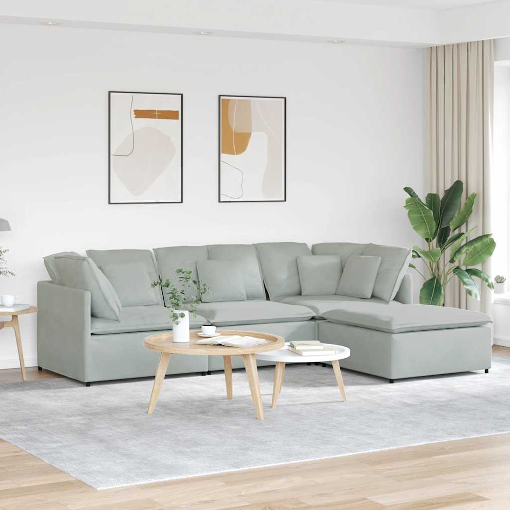 Sofá modular com pufes e almofadas veludo cinzento-claro