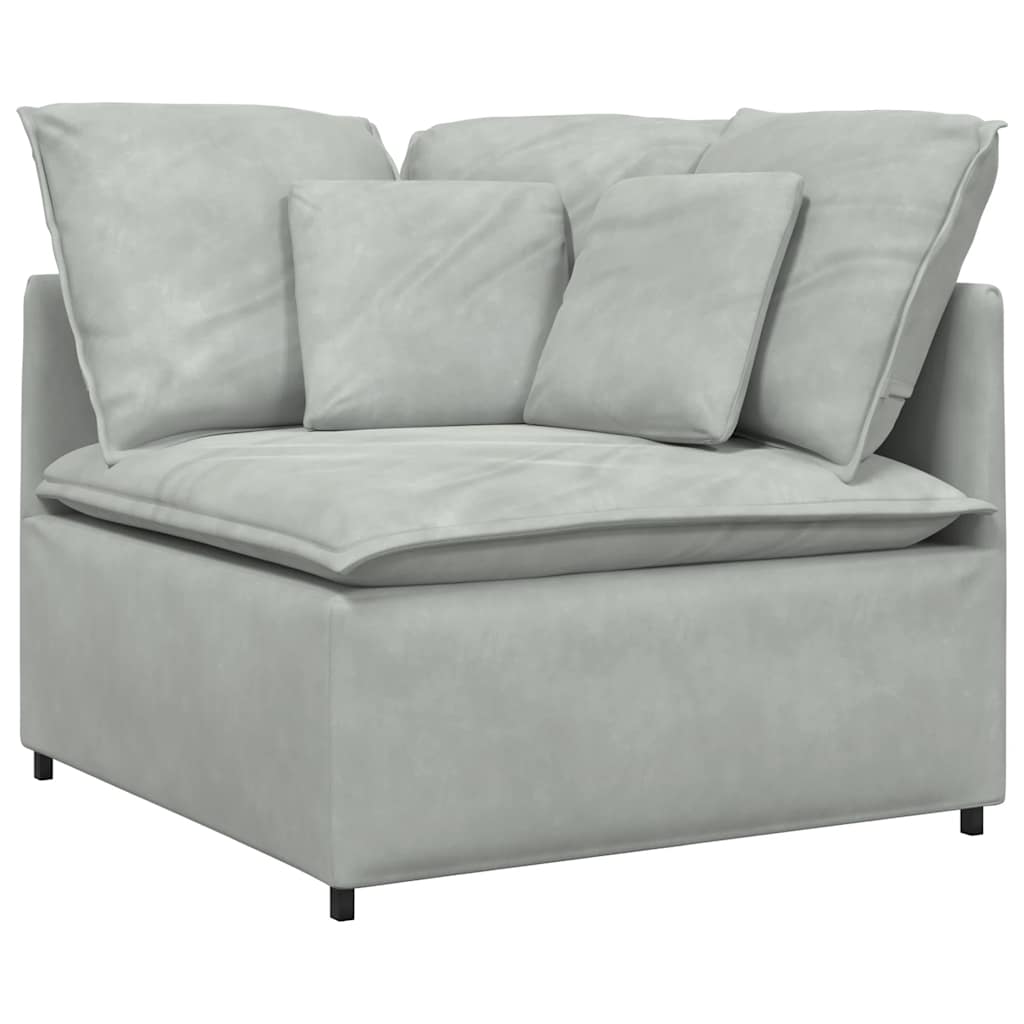 Sofá modular com pufes e almofadas veludo cinzento-claro