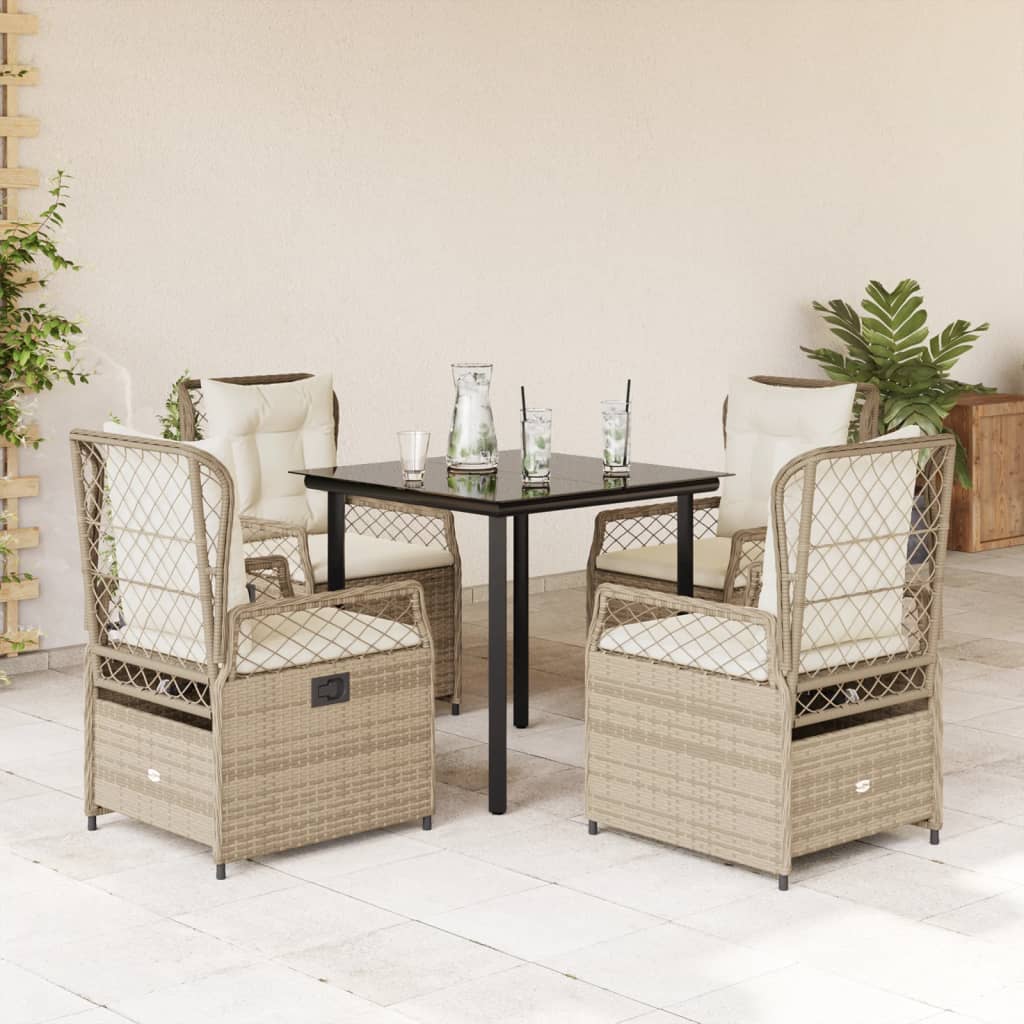 5 Pcs conjunto de jantar p/ jardim com almofadões vime PE bege