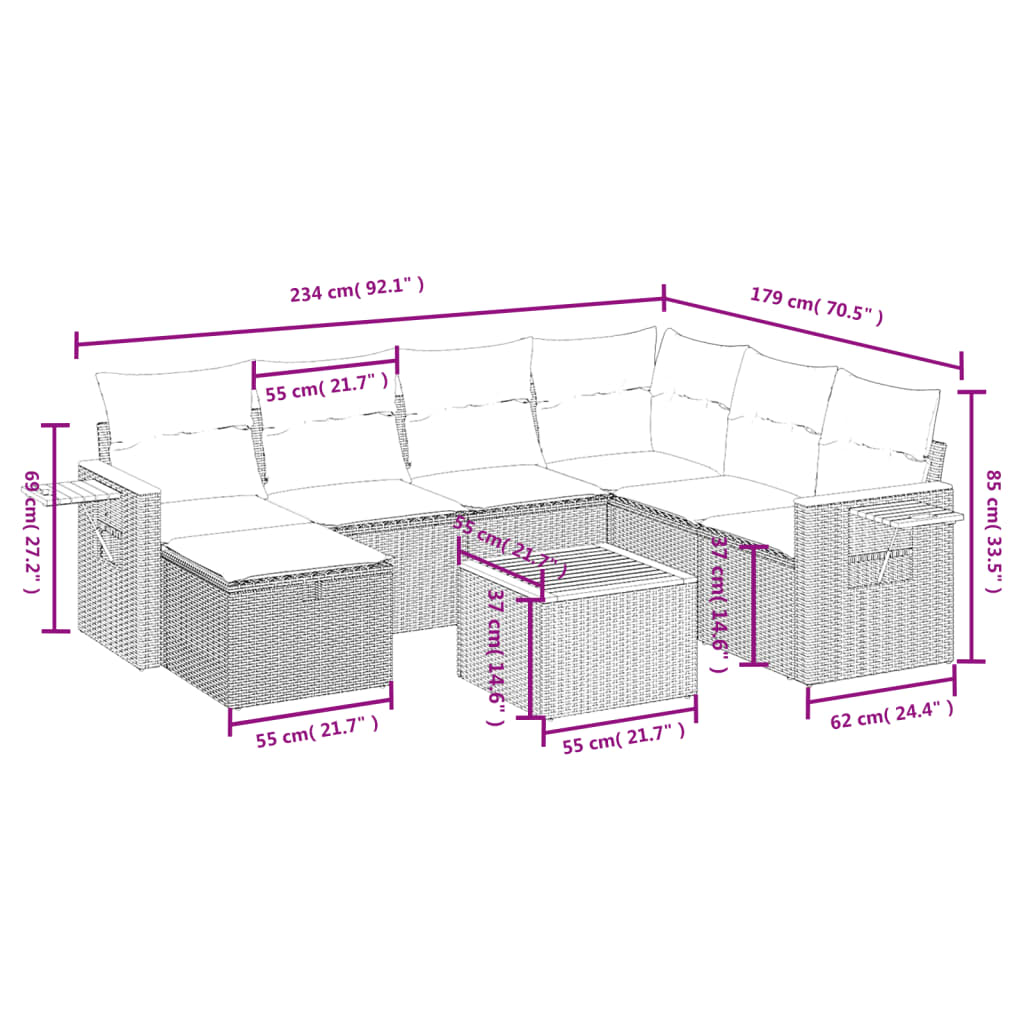 8 Pcs conjunto sofás de jardim com almofadões vime PE preto