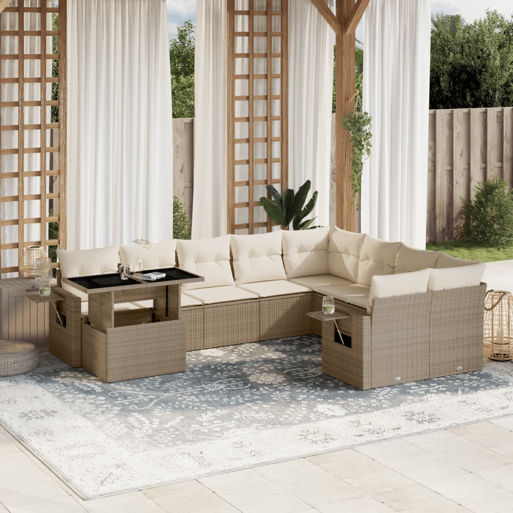 10 Pcs conjunto de sofás p/ jardim com almofadões vime PE bege