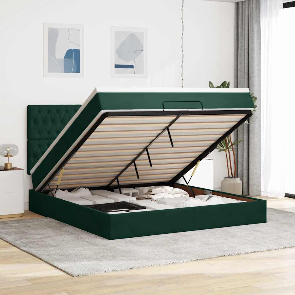 Estrutura de cama otomana com colchão verde escuro veludo