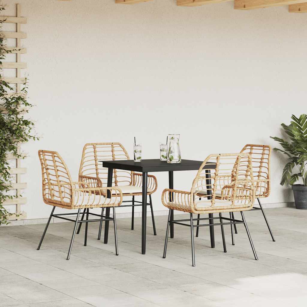 Conjunto jantar jardim 5 peças almofadas vidro vime PE castanho