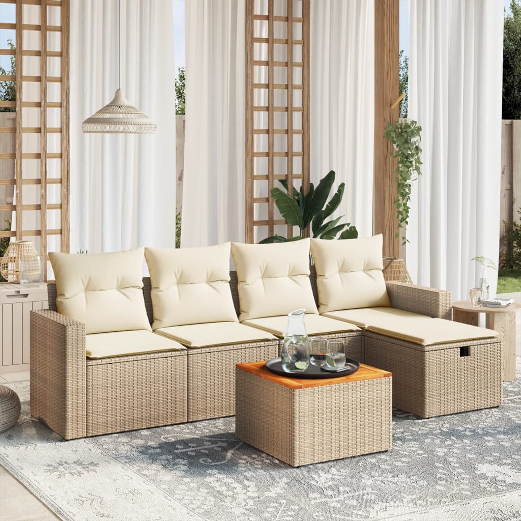 6 Pcs conjunto de sofás p/ jardim com almofadões vime PE bege