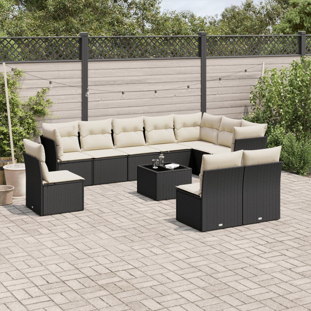 11 Pcs conjunto sofás de jardim c/ almofadões vime PE preto