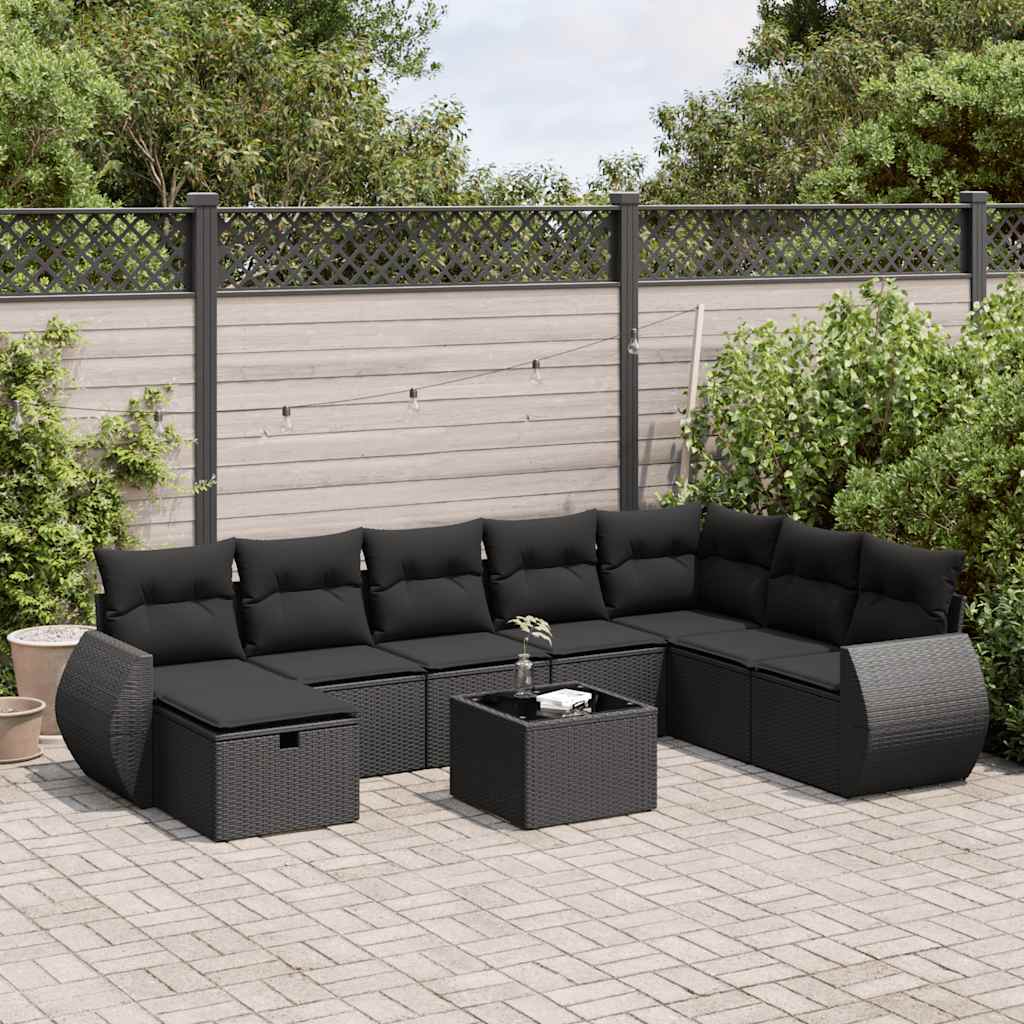9 Pcs conjunto de sofás p/ jardim c/ almofadões vime PE preto