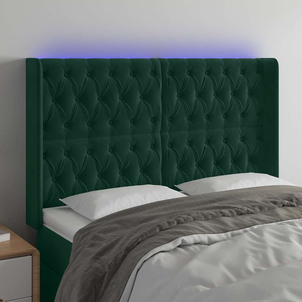 Cabeceira de cama c/ LED veludo 147x16x118/128 cm verde-escuro