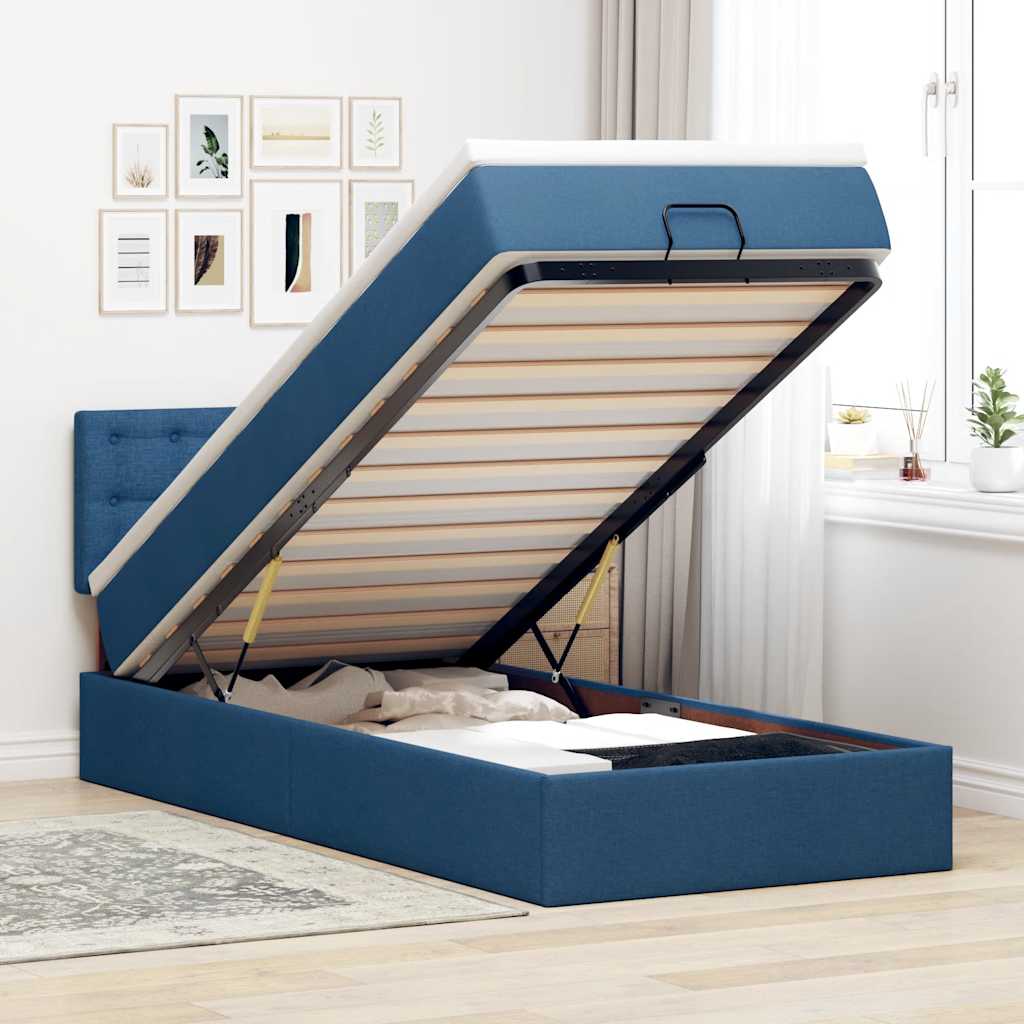 Cama otomana com colchão & leds tecido azul 100x200 cm