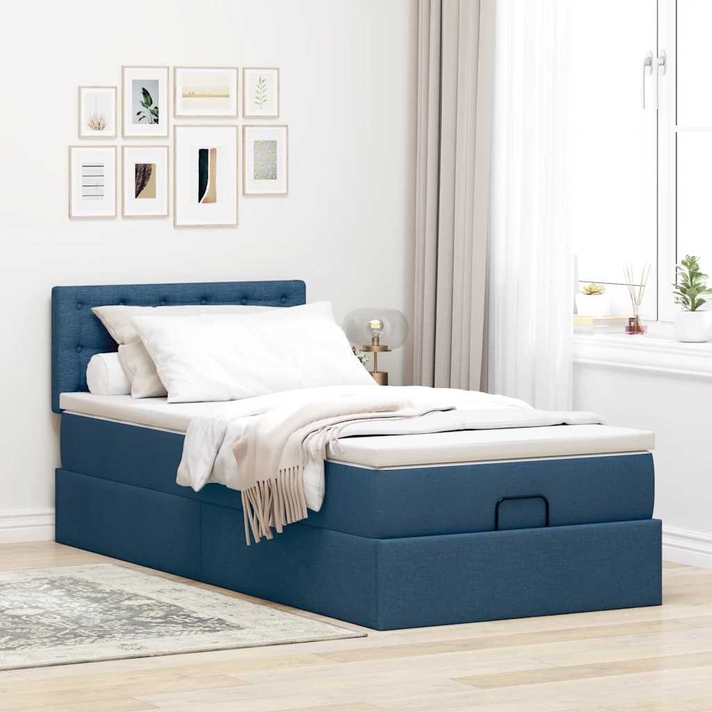 Cama otomana com colchão & leds tecido azul 100x200 cm