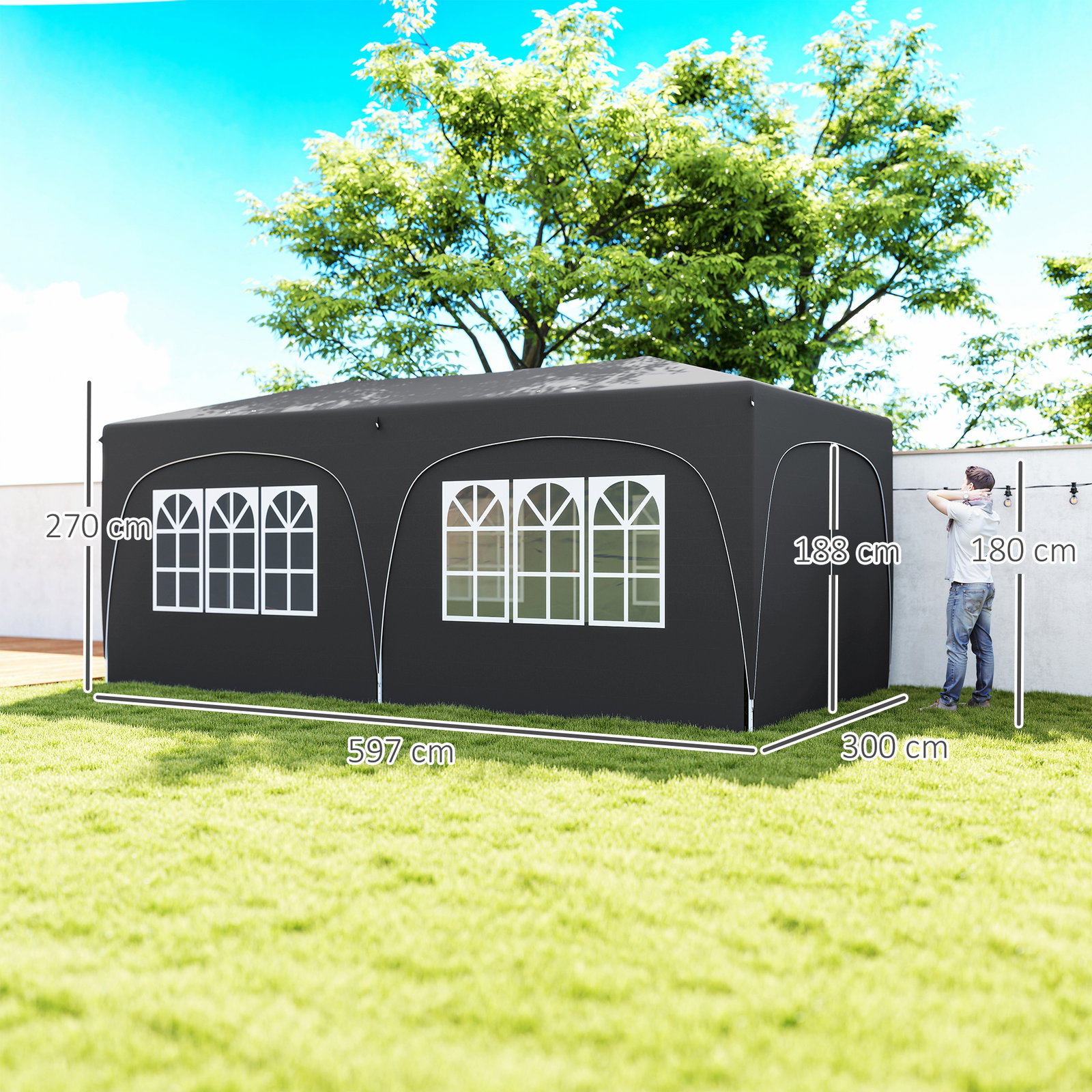 Tenda dobrável 3x6 m com painéis laterais upf50+ tenda de jardim com altura ajustável e bolsa de transporte cinza escuro