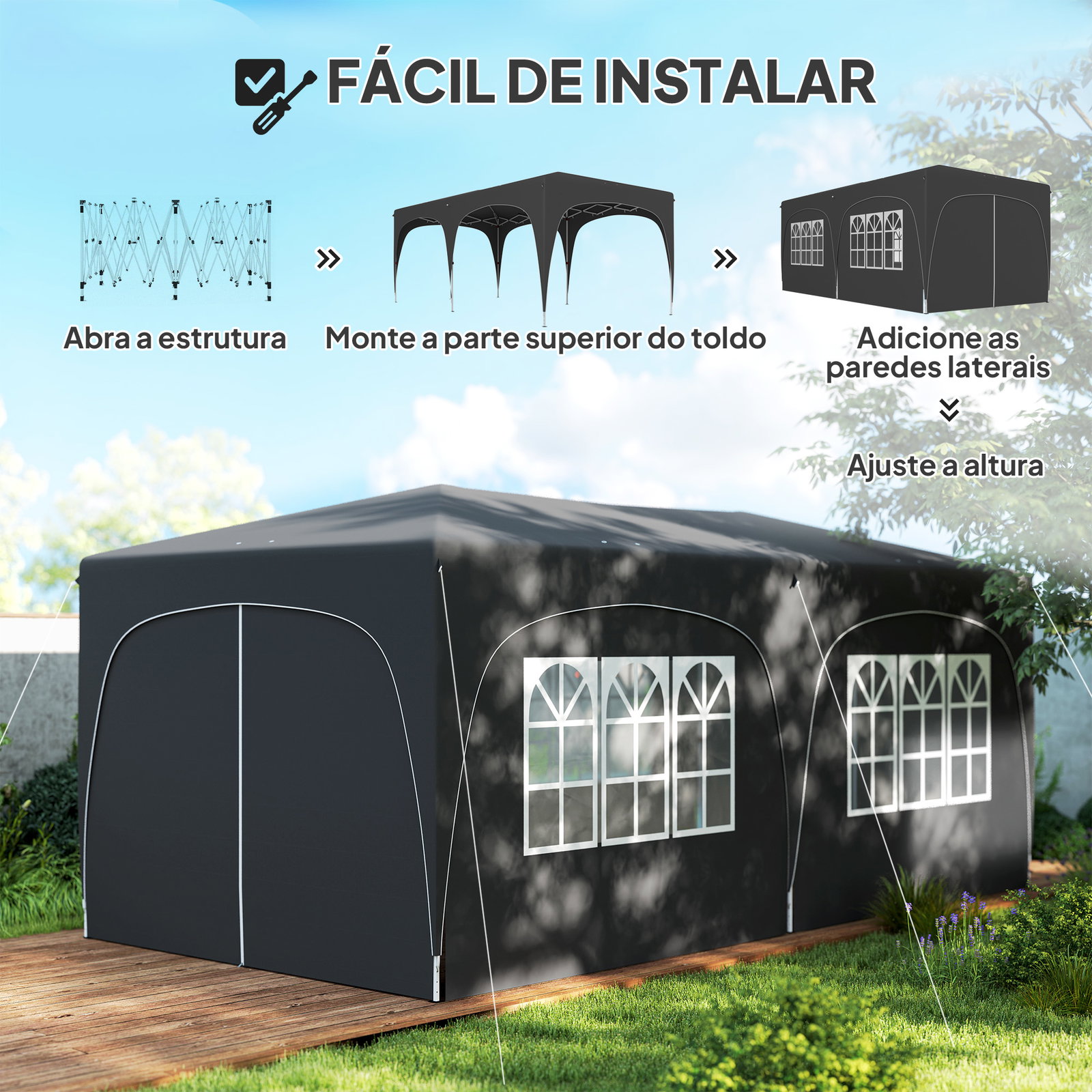 Tenda dobrável 3x6 m com painéis laterais upf50+ tenda de jardim com altura ajustável e bolsa de transporte cinza escuro