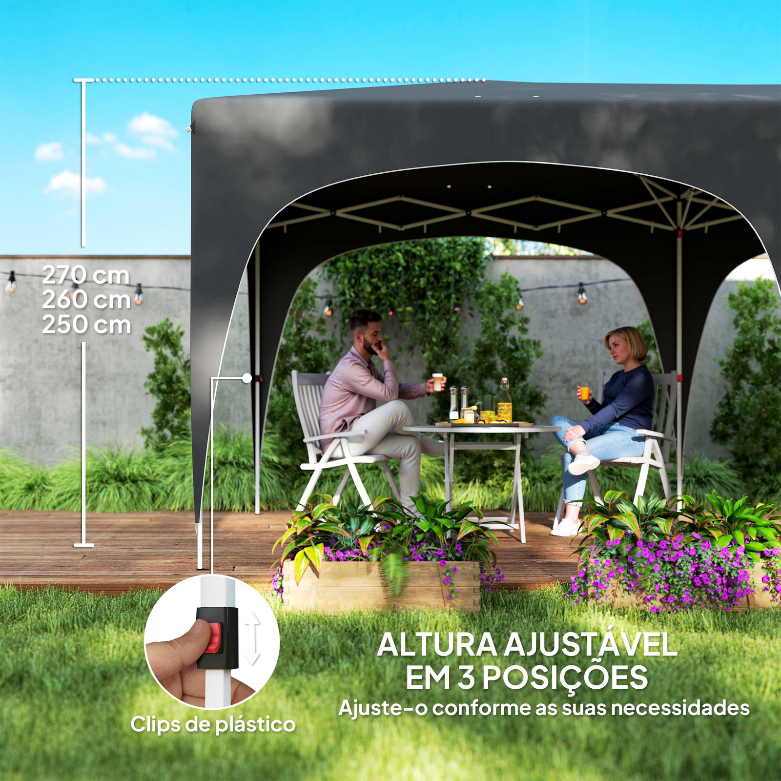 Tenda dobrável 3x6 m com painéis laterais upf50+ tenda de jardim com altura ajustável e bolsa de transporte cinza escuro