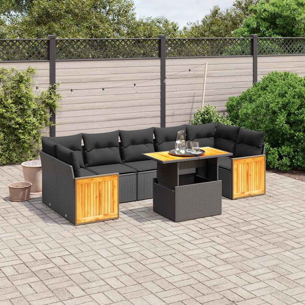 8 Pcs conjunto sofás de jardim com almofadões vime PE preto