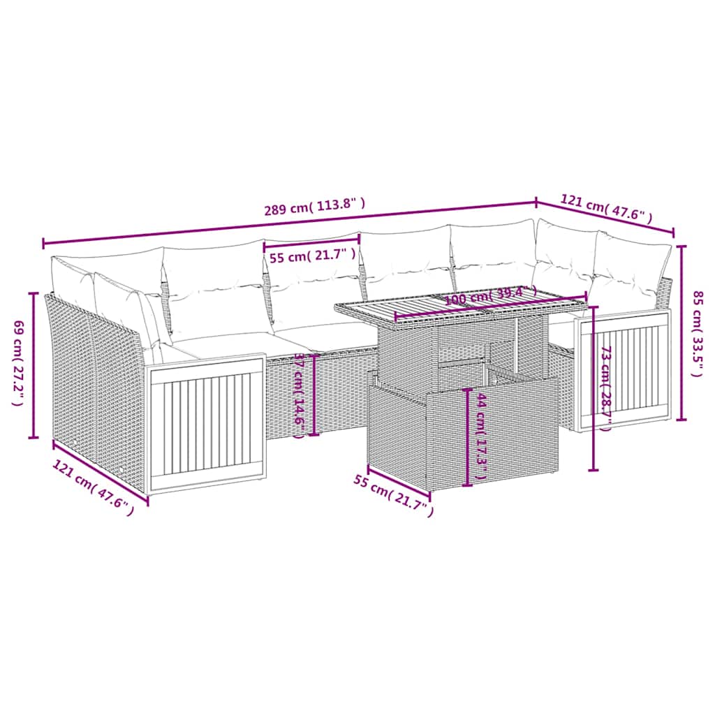 8 Pcs conjunto sofás de jardim com almofadões vime PE preto