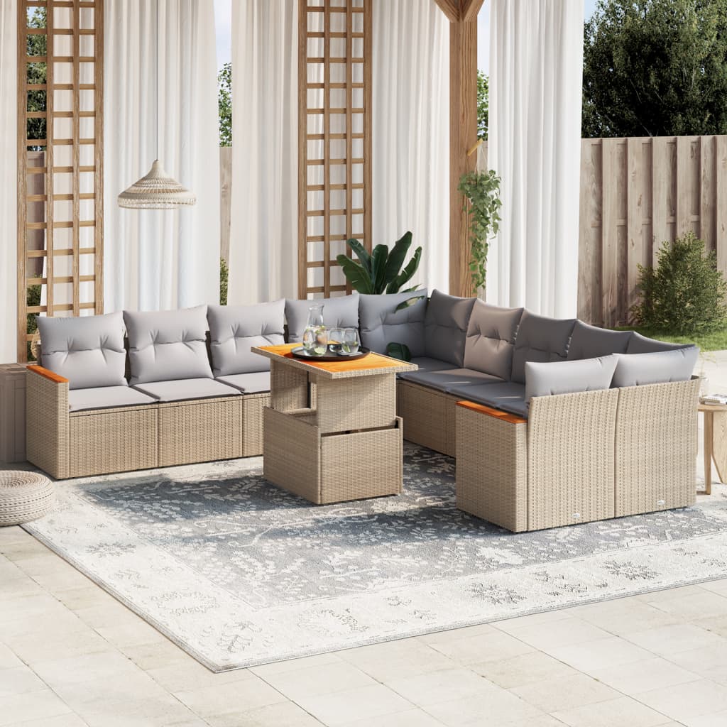 11 Pcs conjunto sofás de jardim c/ almofadões vime PE bege