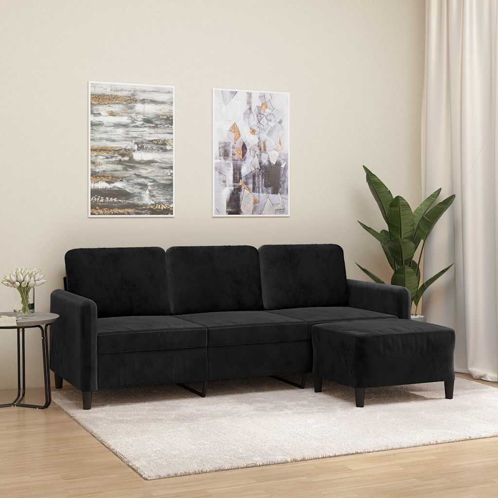 Sofá de 3 lugares com apoio de pés 180 cm veludo preto