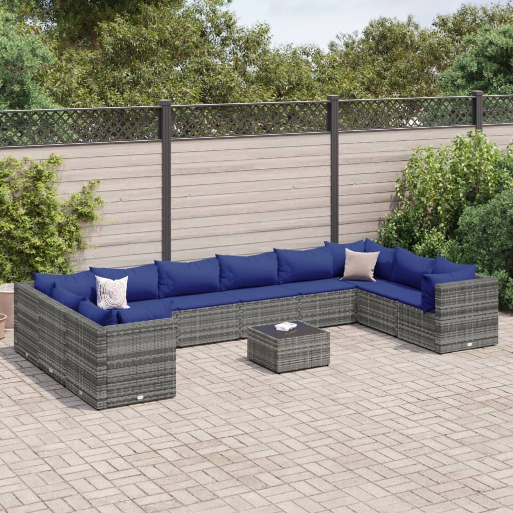 11 Pcs conjunto lounge de jardim c/ almofadões vime PE cinzento