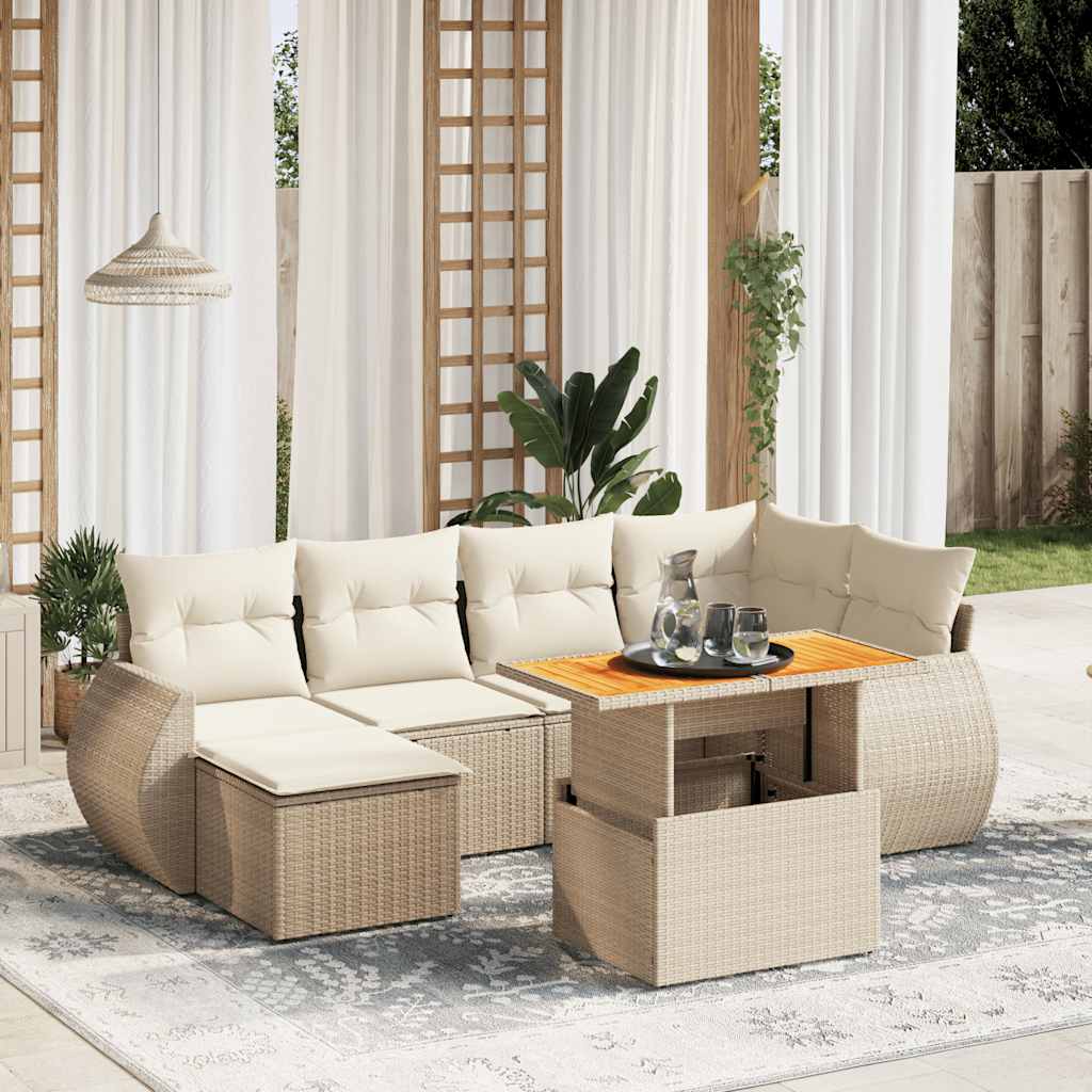 7 Pcs conjunto de sofás p/ jardim com almofadões vime PE bege