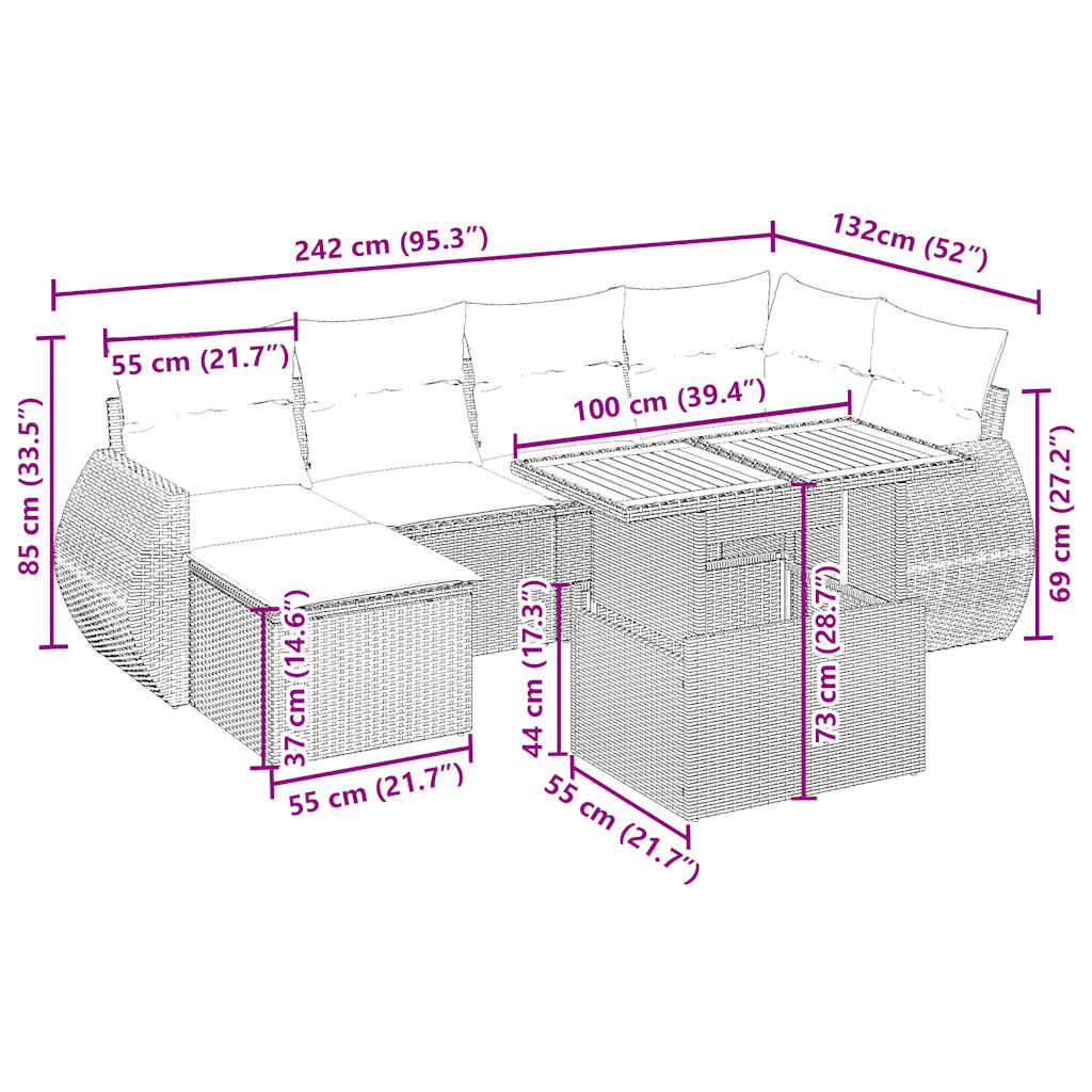 7 Pcs conjunto de sofás p/ jardim com almofadões vime PE bege