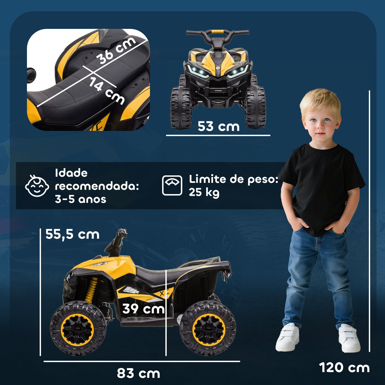 Quadriciclo elétrico para crianças de 3-5 anos veículo eléctrico a bateria 12v com 2 motores 83x53x55,5 cm amarelo