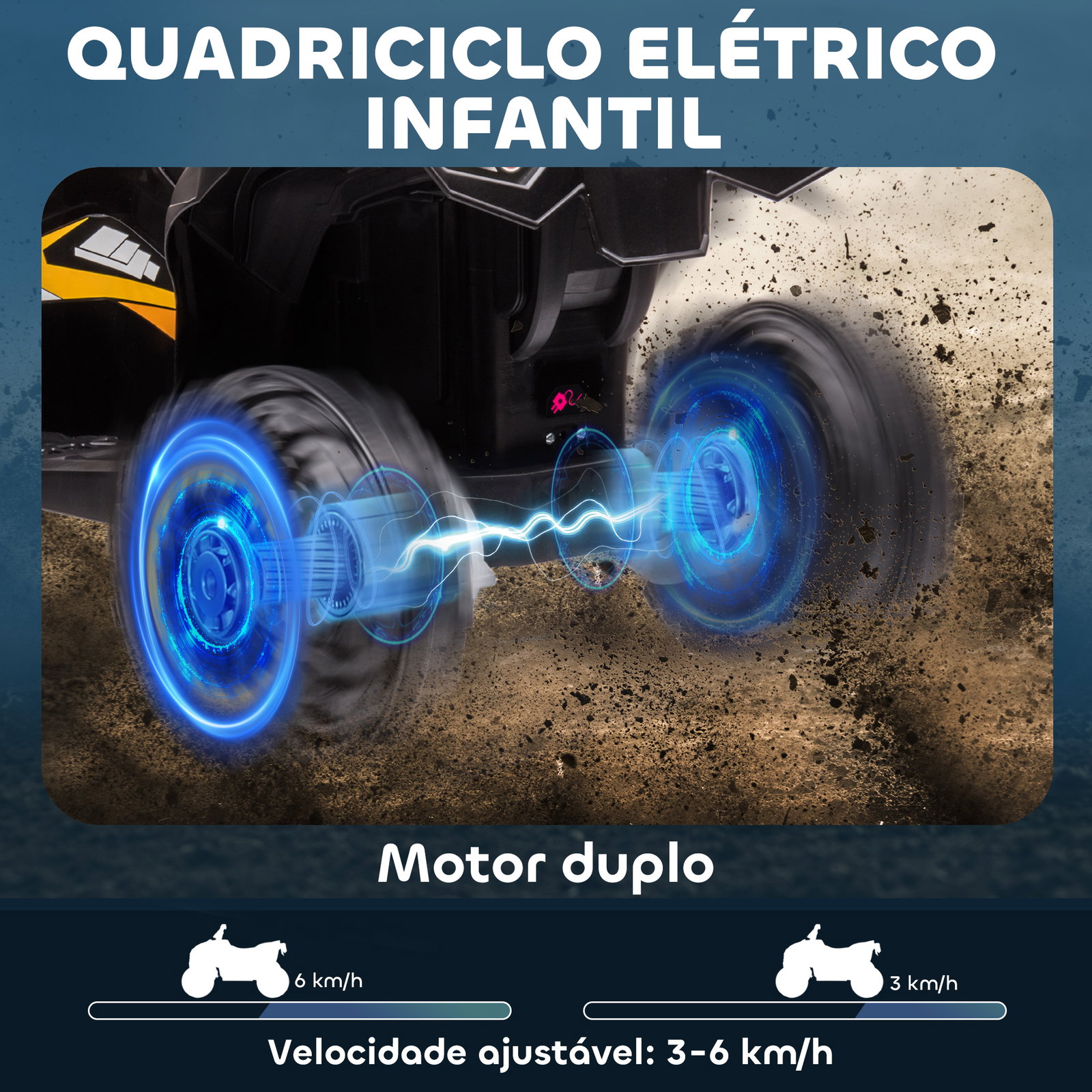 Quadriciclo elétrico para crianças de 3-5 anos veículo eléctrico a bateria 12v com 2 motores 83x53x55,5 cm amarelo