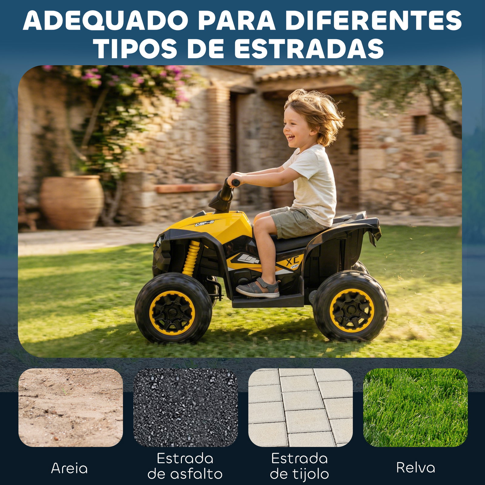 Quadriciclo elétrico para crianças de 3-5 anos veículo eléctrico a bateria 12v com 2 motores 83x53x55,5 cm amarelo