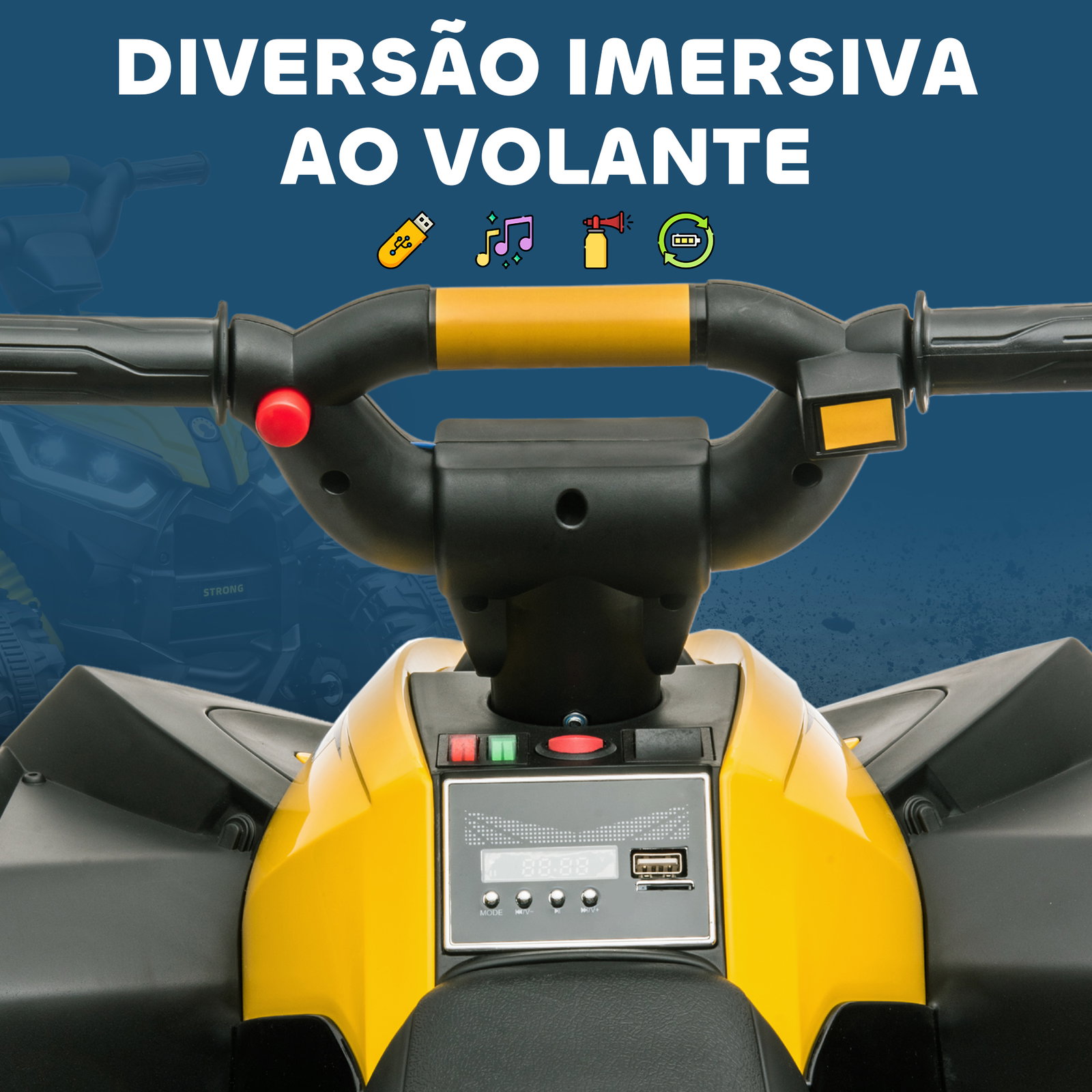 Quadriciclo elétrico para crianças de 3-5 anos veículo eléctrico a bateria 12v com 2 motores 83x53x55,5 cm amarelo