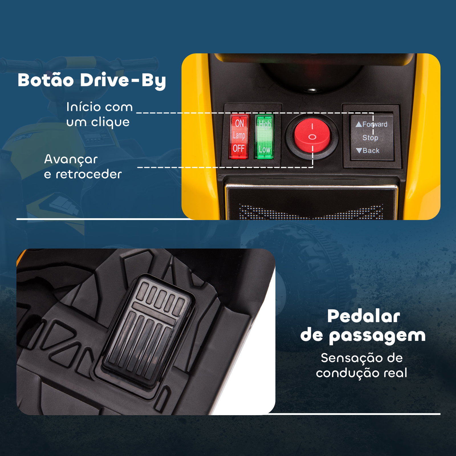 Quadriciclo elétrico para crianças de 3-5 anos veículo eléctrico a bateria 12v com 2 motores 83x53x55,5 cm amarelo