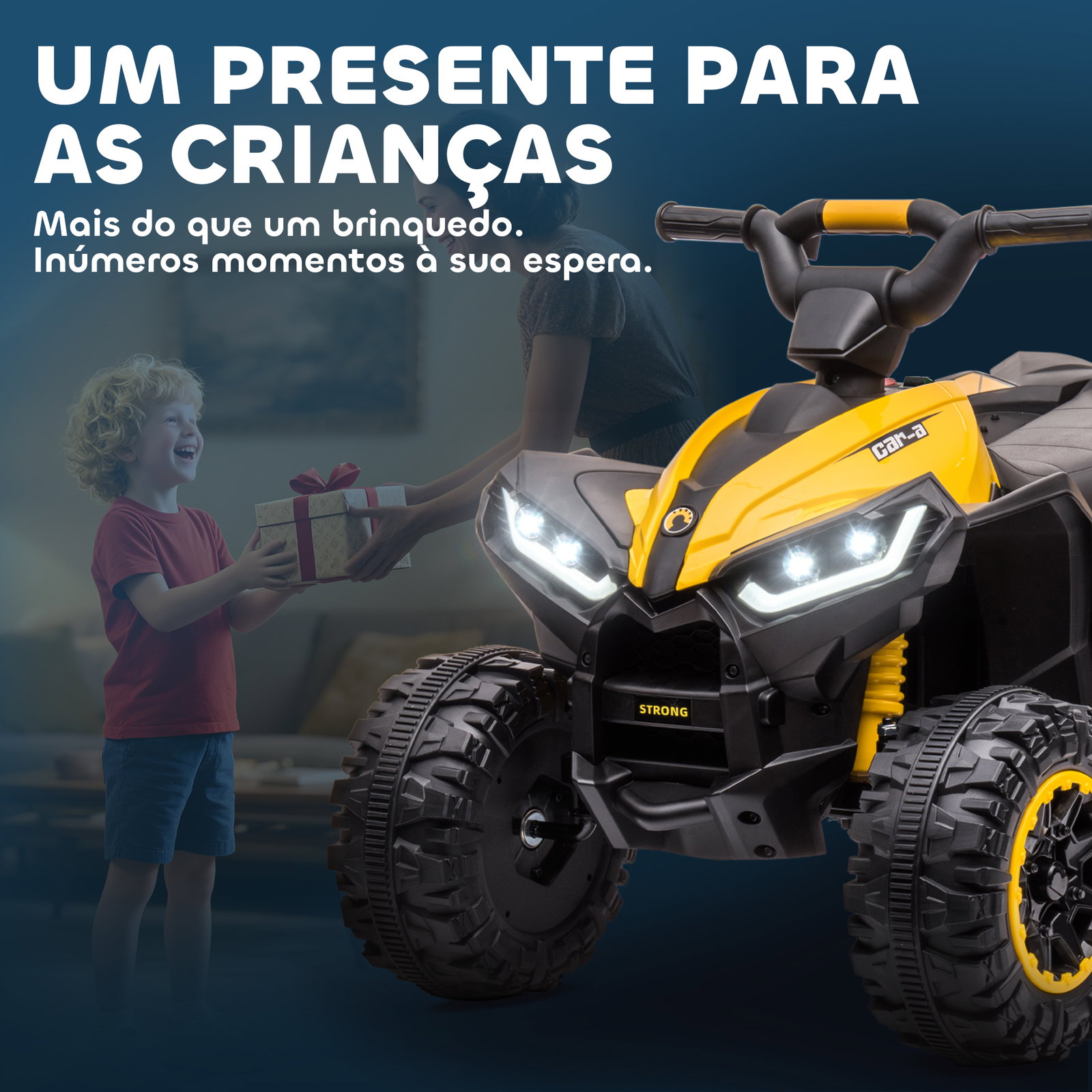 Quadriciclo elétrico para crianças de 3-5 anos veículo eléctrico a bateria 12v com 2 motores 83x53x55,5 cm amarelo