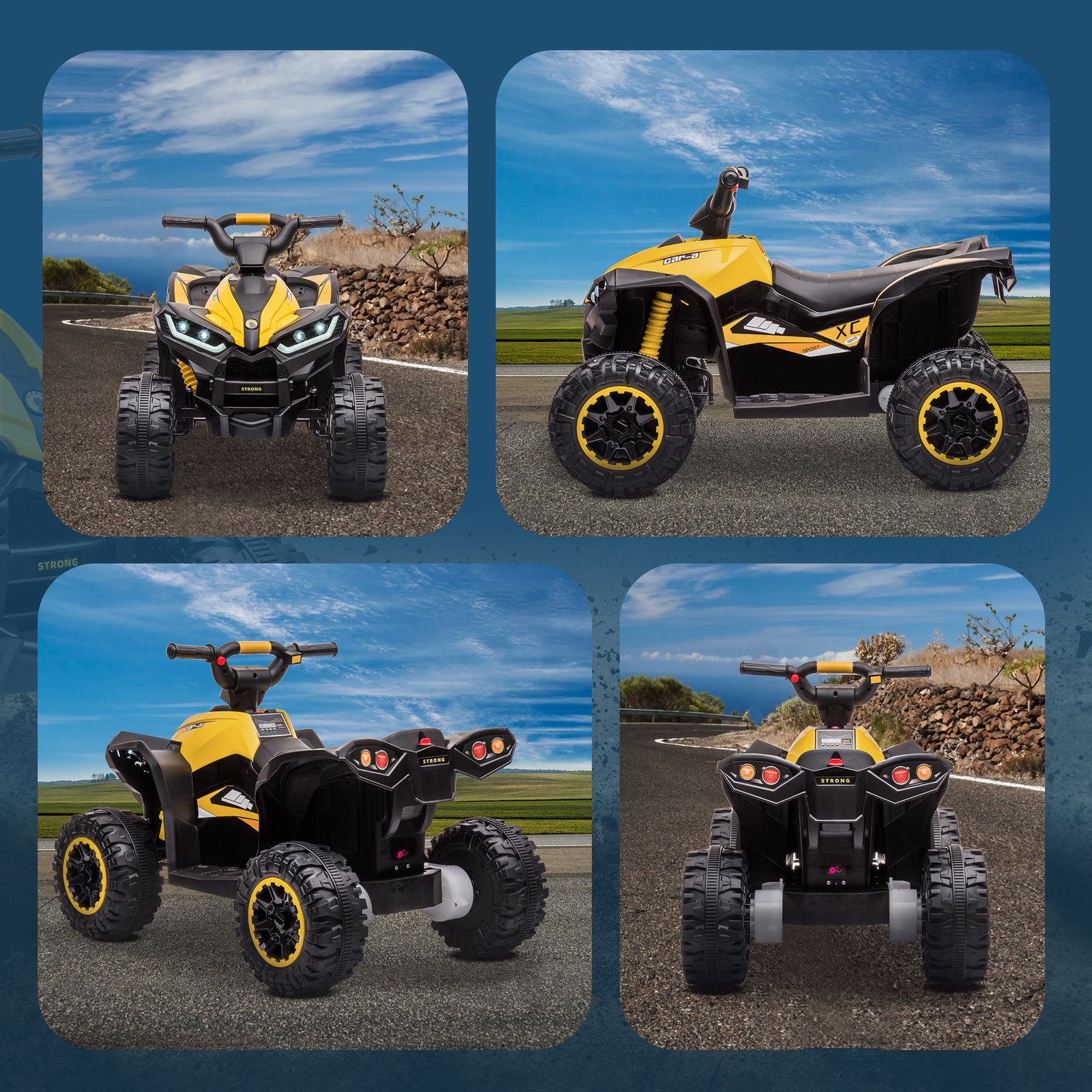 Quadriciclo elétrico para crianças de 3-5 anos veículo eléctrico a bateria 12v com 2 motores 83x53x55,5 cm amarelo