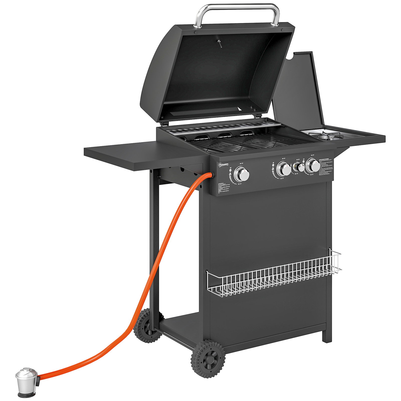 Barbecue a gás com 3+1 queimadores 8,5 kw termómetro mesa lateral grelha recolhedor de gordura 2 rodas 123x57x98 cm preto