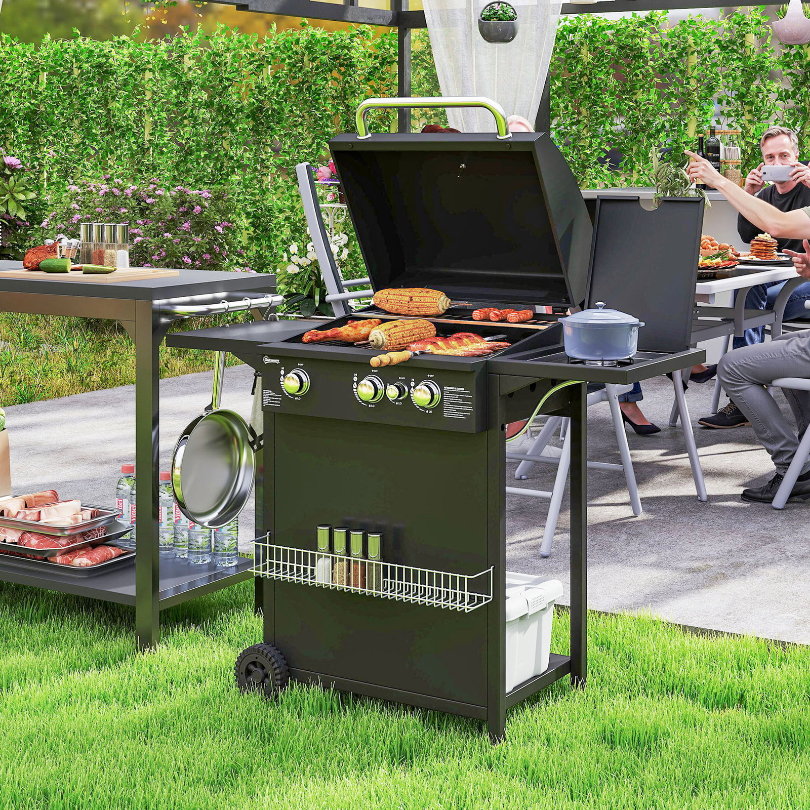 Barbecue a gás com 3+1 queimadores 8,5 kw termómetro mesa lateral grelha recolhedor de gordura 2 rodas 123x57x98 cm preto