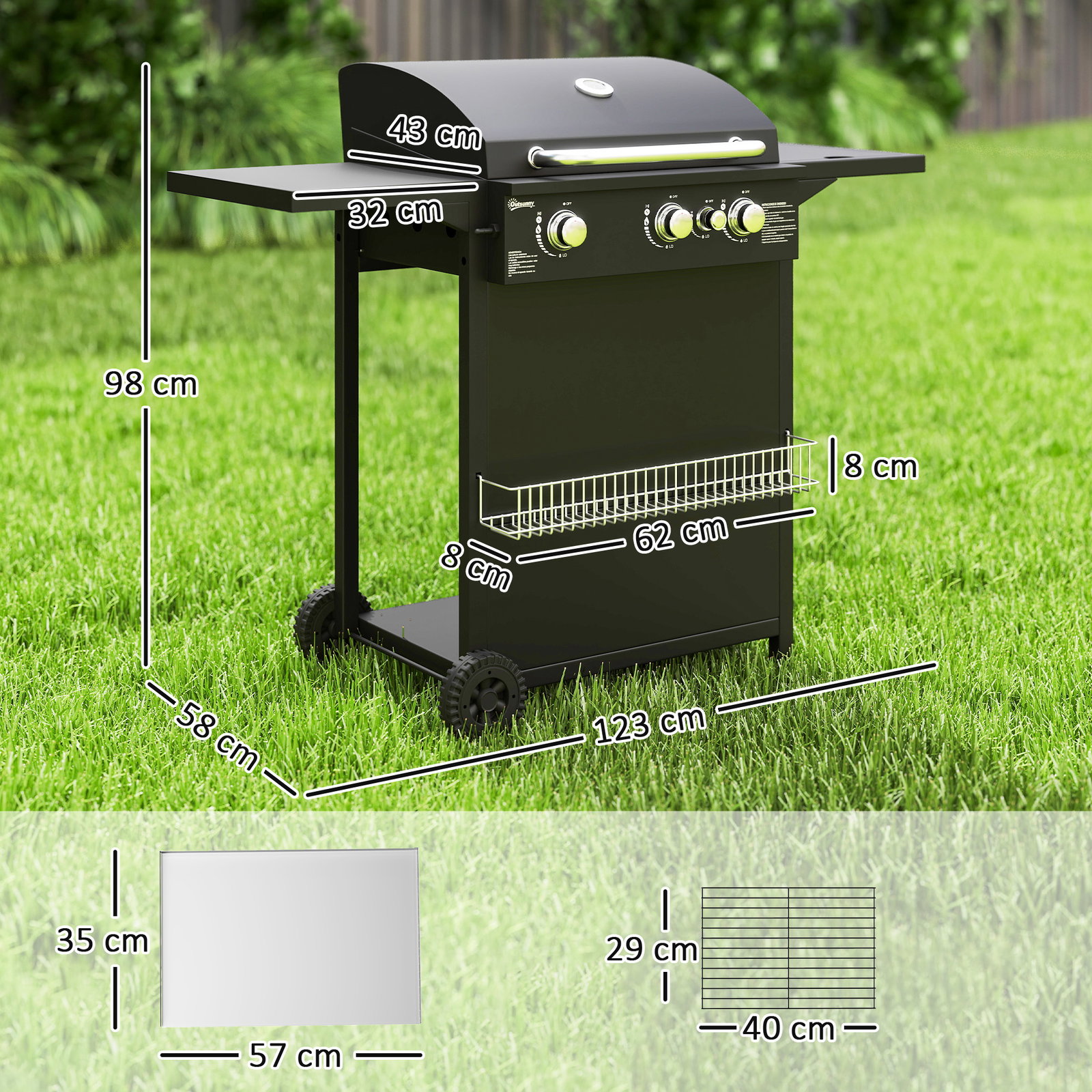 Barbecue a gás com 3+1 queimadores 8,5 kw termómetro mesa lateral grelha recolhedor de gordura 2 rodas 123x57x98 cm preto